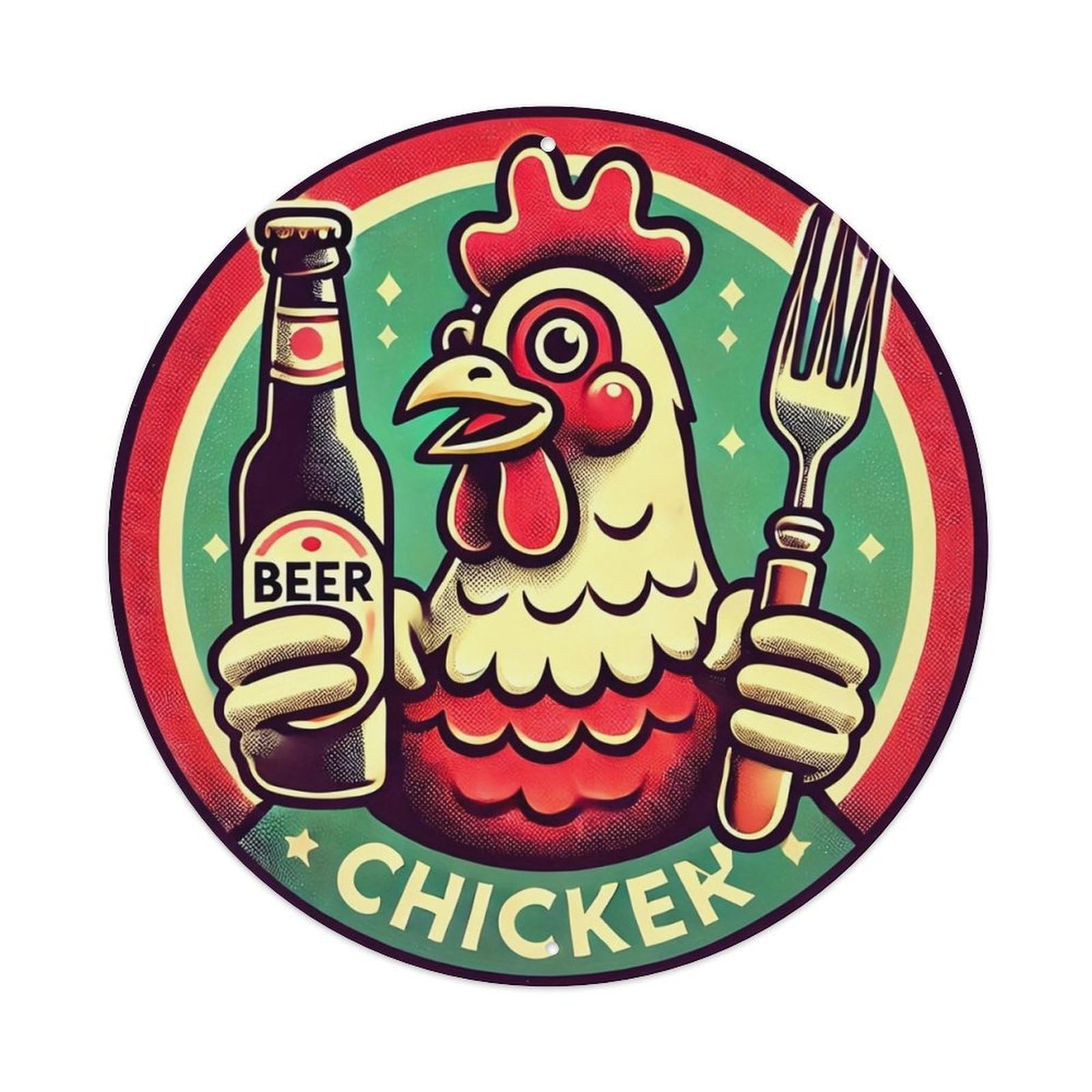 Jdyaojiesheng Vintage Chicken Beer Fork Red Green Round Tin Sign Retro Metal Wall Decor Metal Poster, Home Bar Garage Farmhouse Cafe Wall Art Decoration 8X8inch