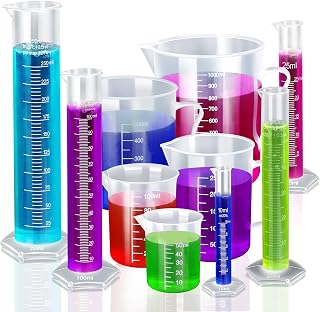 Teenitor 10pcs Plastic Graduated Cylinders & Beakers Set: 10-250ml Cylinders + 50-1000ml Beakers for Lab, Kitchen, Science Experiments