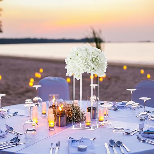 Miniatura 7 de Geetery Jarrón de acrílico alto para centros de mesa de boda, soporte elegante transparente con flores de hortensias artificiales para bodas,