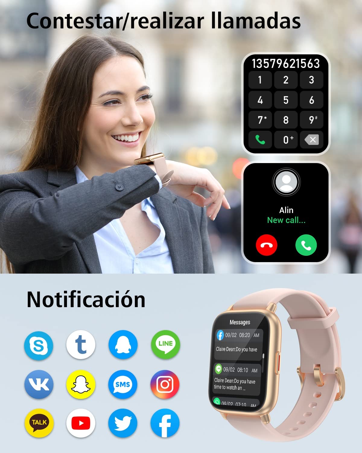 RUIMEN Smartwatch con Llamadas,Reloj Inteligente Haga Reciba Llamada y Asistente Voz, Smartwatch Mujer Hombre con Podómetro Oxígeno Sanguine Impermeable IP68 100+ Deportes Modos Pulsera de Actividad