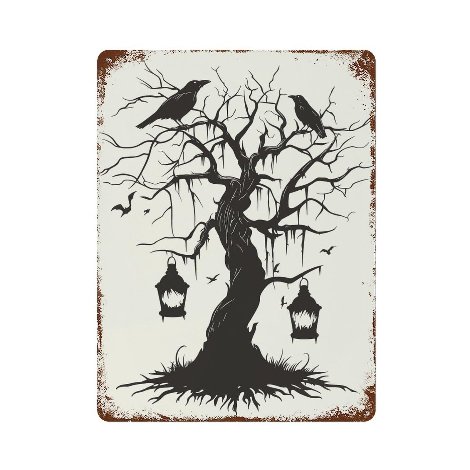 Decorative Tin Sign with Spooky Tree Silhouette Design 15.7"x11.8", for Garage, Bar And Workshop Decor, Farmhouse Wall Decor