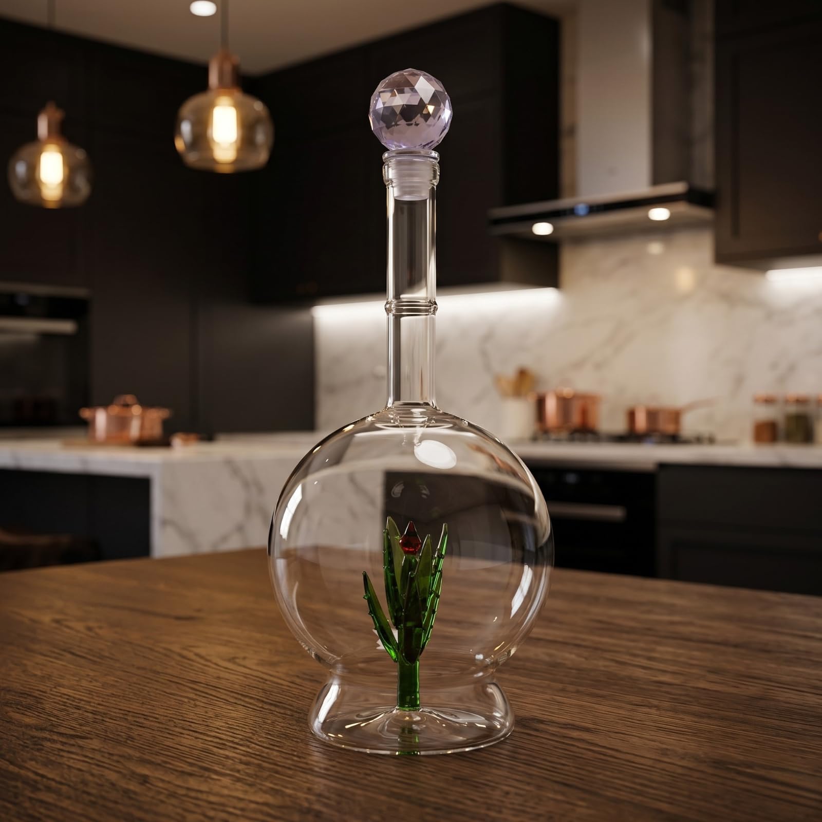Carafe à décanter à l'aloe vera avec plante d'agave, design rond, carafe en verre parfaite pour bar ou fête à tequila, forme unique, cadeau pour lui, elle, décoration d'intérieur – Grande bouteille de