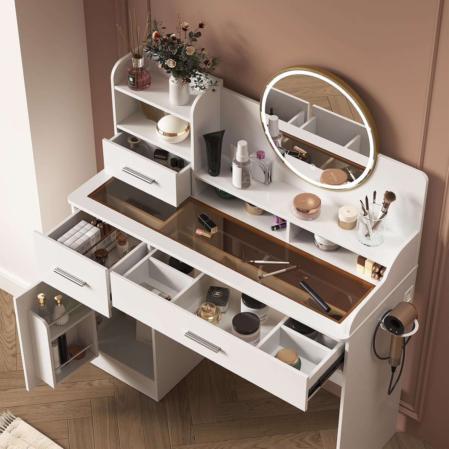 Vanity Desk with Mirror and Lights, White Makeup Vanity Desk with Power Outlet, Tawny Glass Top Vanity Table with Cabinet, Shelves & Drawers, Dressing Table for Bedroom, 3 Lighting Mode