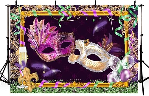 Miniatura 3 de Telones de fondo de Mardi Gras de 7 x 5 pies para fotografía, decoraciones de fiesta de máscaras, máscaras moradas y blancas, fondo de fotografía de
