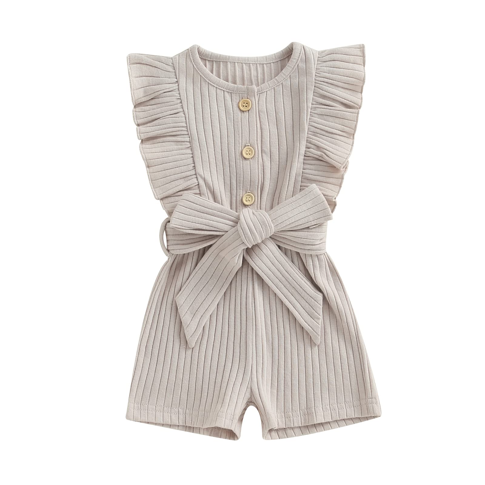 AEEMCEMToddler Baby Girl Clothes Rompers Ribbed Ruffle Sleeveless Button Belted Romper Short Jumpsuit Summer Outfit