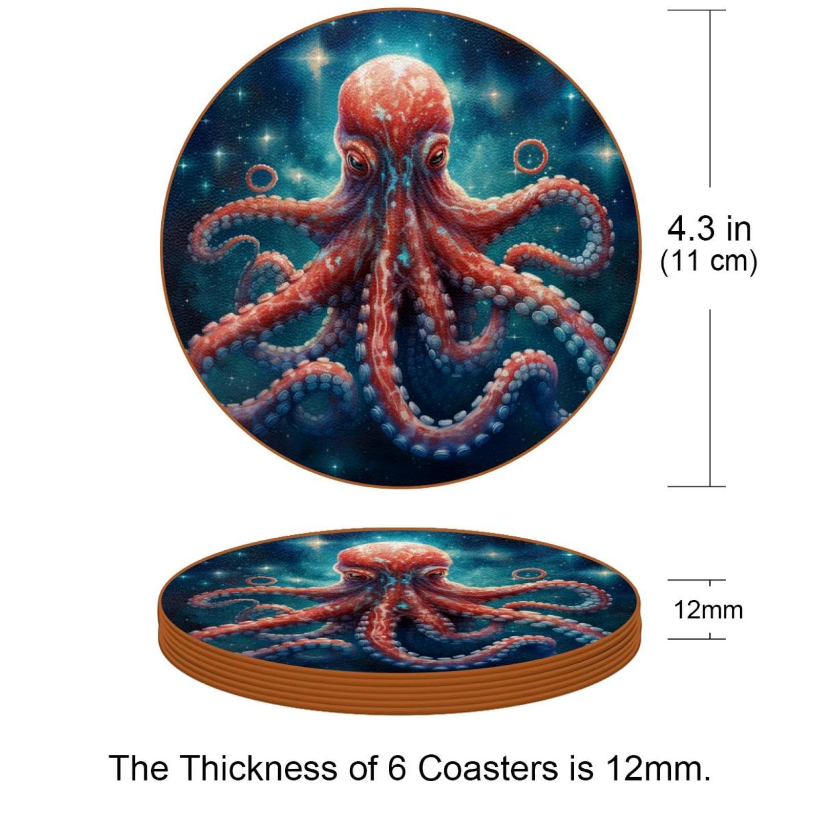 Cartoon-Galaxie-Oktopus-Untersetzer für Getränke, 6 Stück, Tisch-Schutzmatte für Weingläser, Tassen und Tassen, wiederverwendbar im Büro, Küche, Bar, 10,9 cm