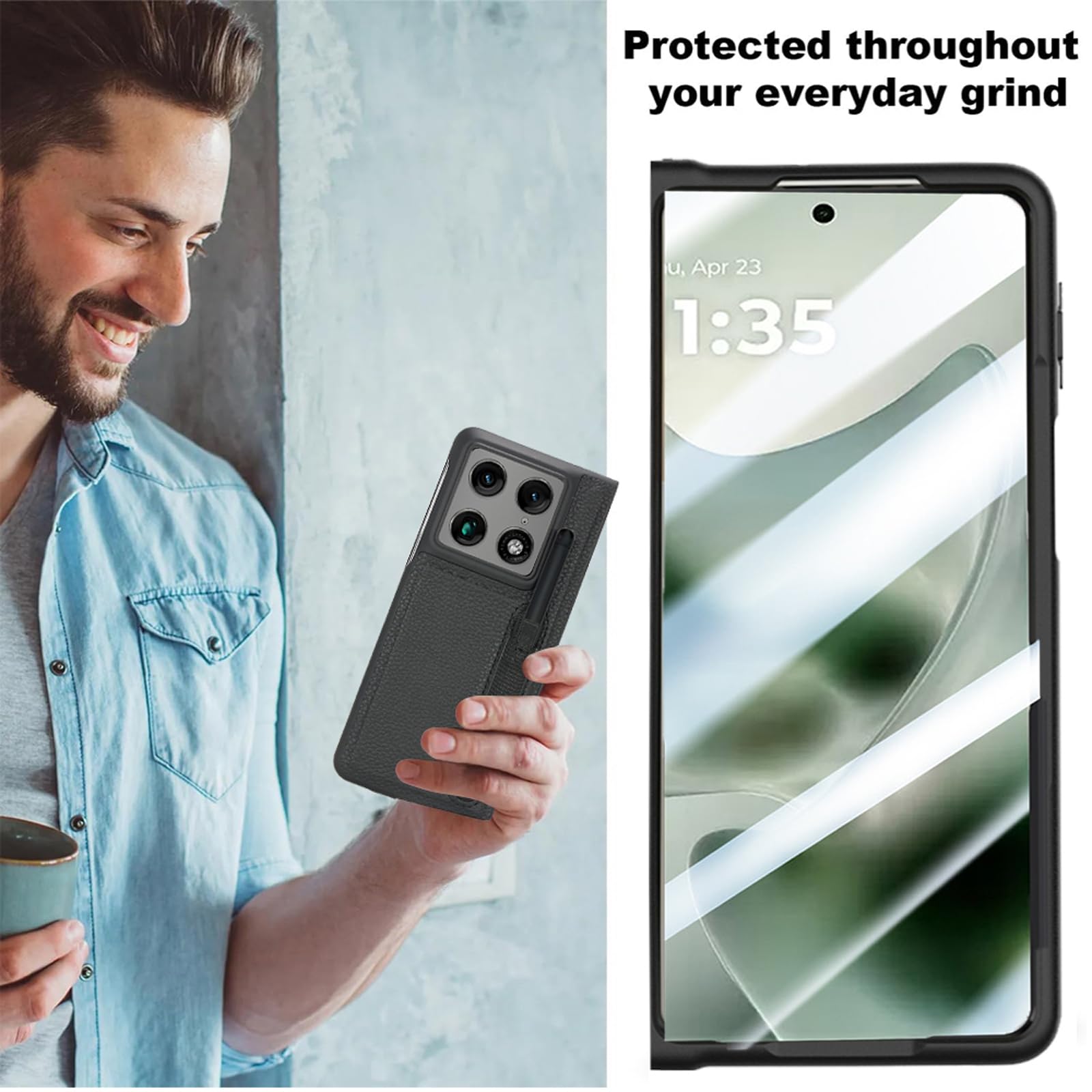 Custodia in pelle per Motorola Moto Razr Fold, con slot per penna e protezione per lo schermo anteriore, custodia rigida in policarbonato antiurto (nero)