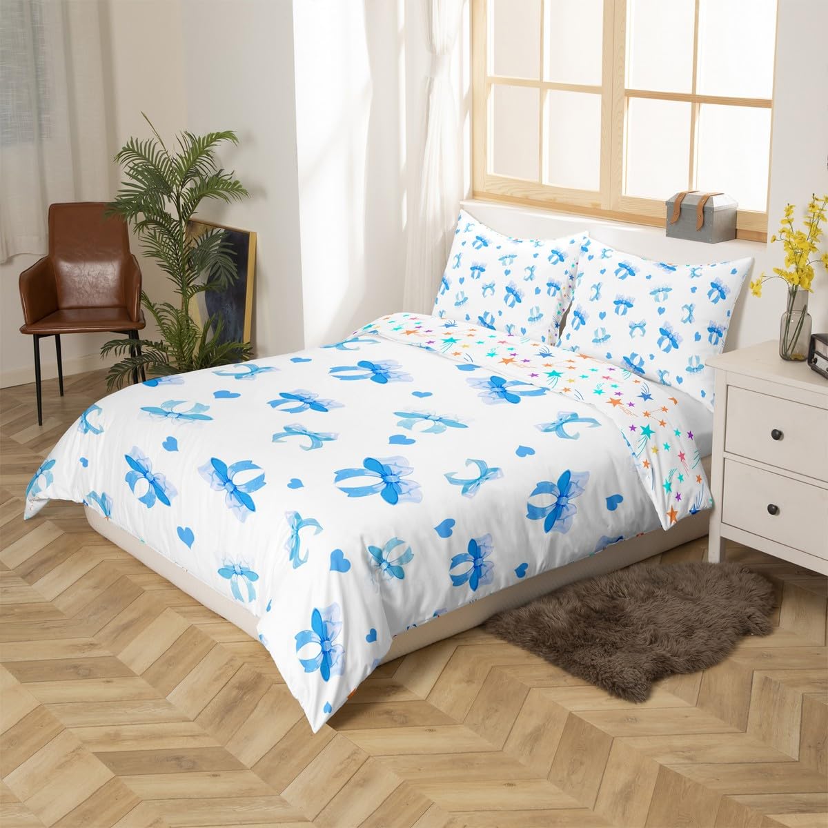 jejeloiu Girls Blue Bow Bedding Set Toddler Size Kids Cute Bowknot Comforter Cover for Boys Girls Bow Tie Duvet Cover Soft Microfiber,No Comforter