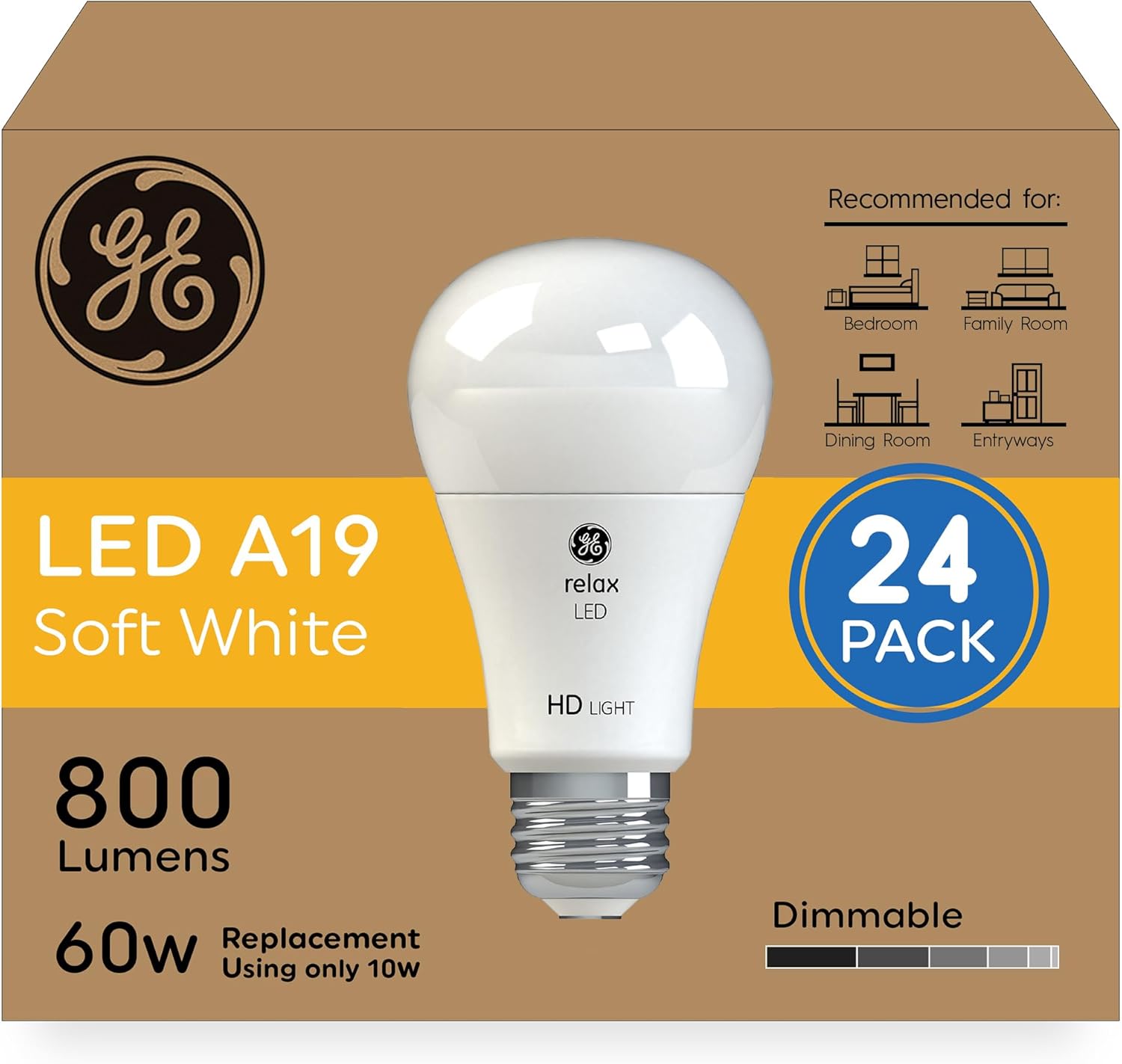 GE Relax HD LED Light Bulbs, A19 Soft White Light Bulbs, Dimmable LED Bulbs for Bedrooms, Family Rooms, Dining Rooms, and Entryways, 60-Watt Equivalent - Energy Efficient (24 Pack)