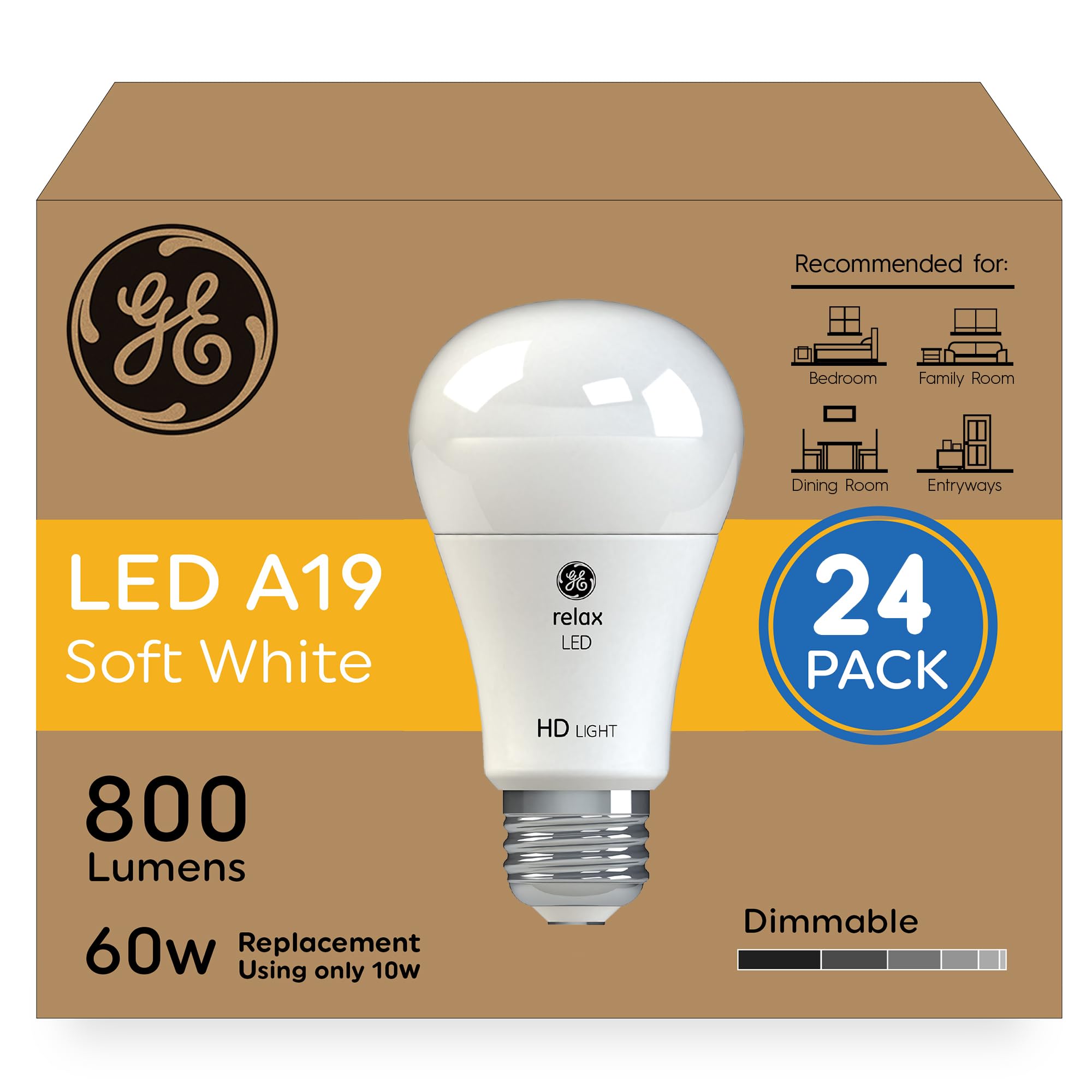 GE Relax HD LED Light Bulbs, A19 Soft White Light Bulbs, Dimmable LED Bulbs for Bedrooms, Family Rooms, Dining Rooms, and Entryways, 60-Watt Equivalent - Energy Efficient (24 Pack)
