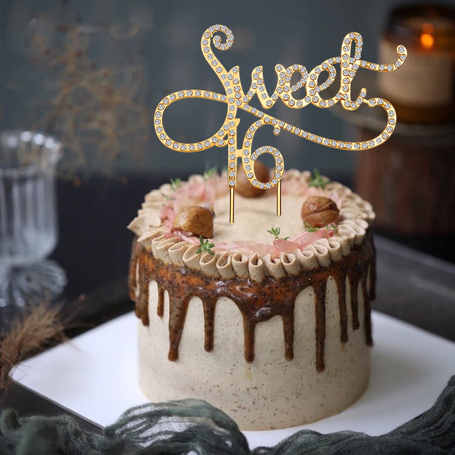 Goldene Torten-Deko Zahl 16 – Mit Glitzer & Strass Für Geburtstag, Hochzeit Oder Sweet 16 Party