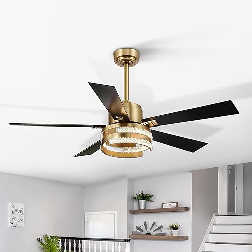 Ventiladores de techo dorados de 52 pulgadas con control remoto de luz LED, kit de luces de ventilador de techo con 5 cuchillas reversibles,