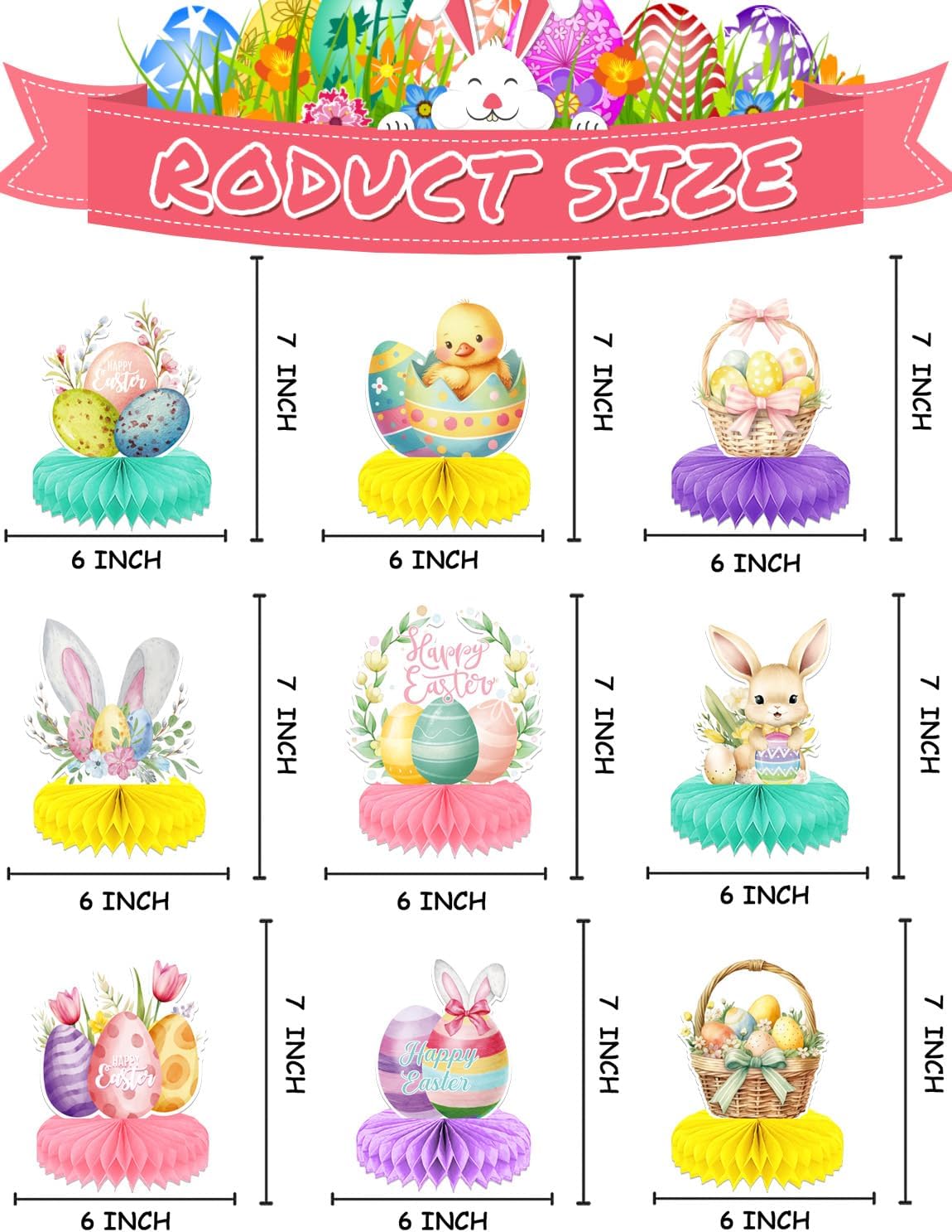 9Pcs Easter Centerpieces for Tables,Colorful Easter Centerpiece Table Decorations Cute Bunny Egg Honeycomb Centerpieces for Spring Happy Easter Rabbit Photo Prop Party Supplies