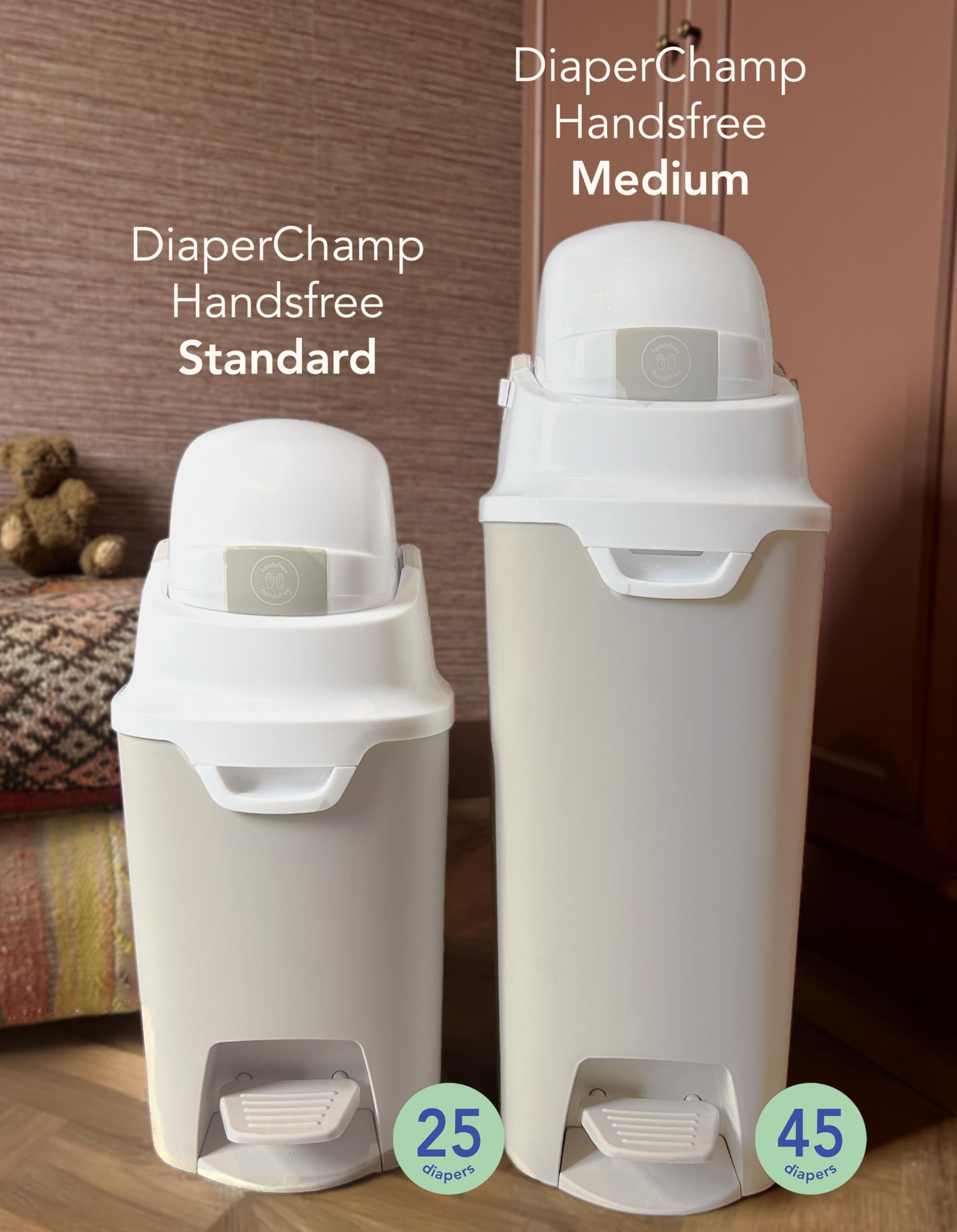 DIAPER CHAMP Handsfree Medium – Cubo de basura con pañales antiolores – manos libres – capacidad ideal – guarderías, micro guarderías, MAM – Sin cintas de recarga – Beige