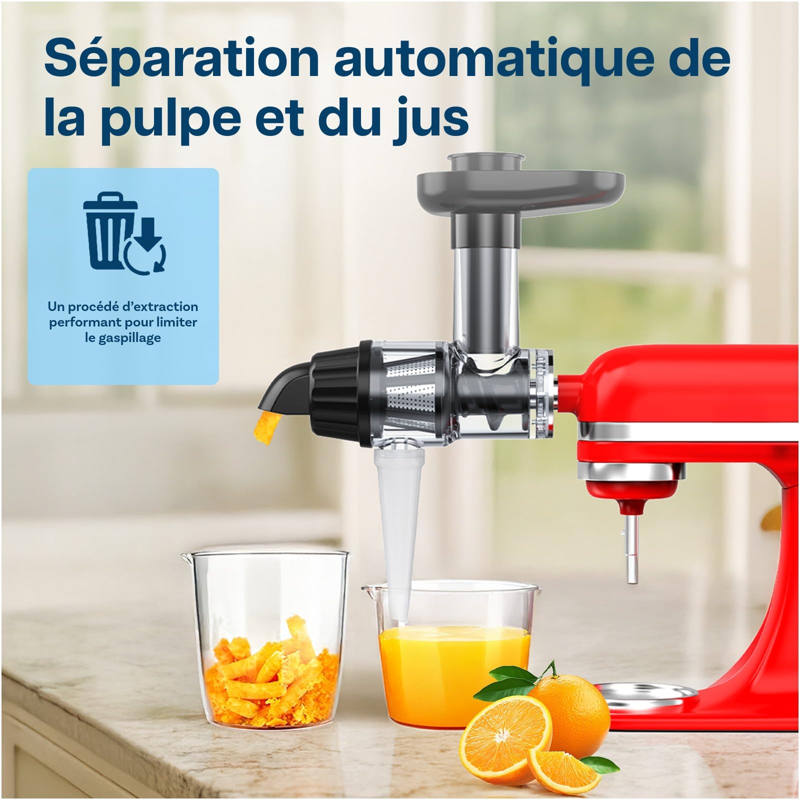 Extracteur de Jus pour KitchenAid von MMOBIEL – Accessoire de Slow Juicer à Froid, Extracteur de Jus de Fruits et Légumes – Avec Poussoir Alimentaire & Brosse de Nettoyage