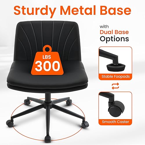 Miniatura 4 de Orange Factory Silla cruzada con ruedas, cómoda silla de escritorio ancha de cuero de doble base sin brazos ajustable giratoria para tareas de