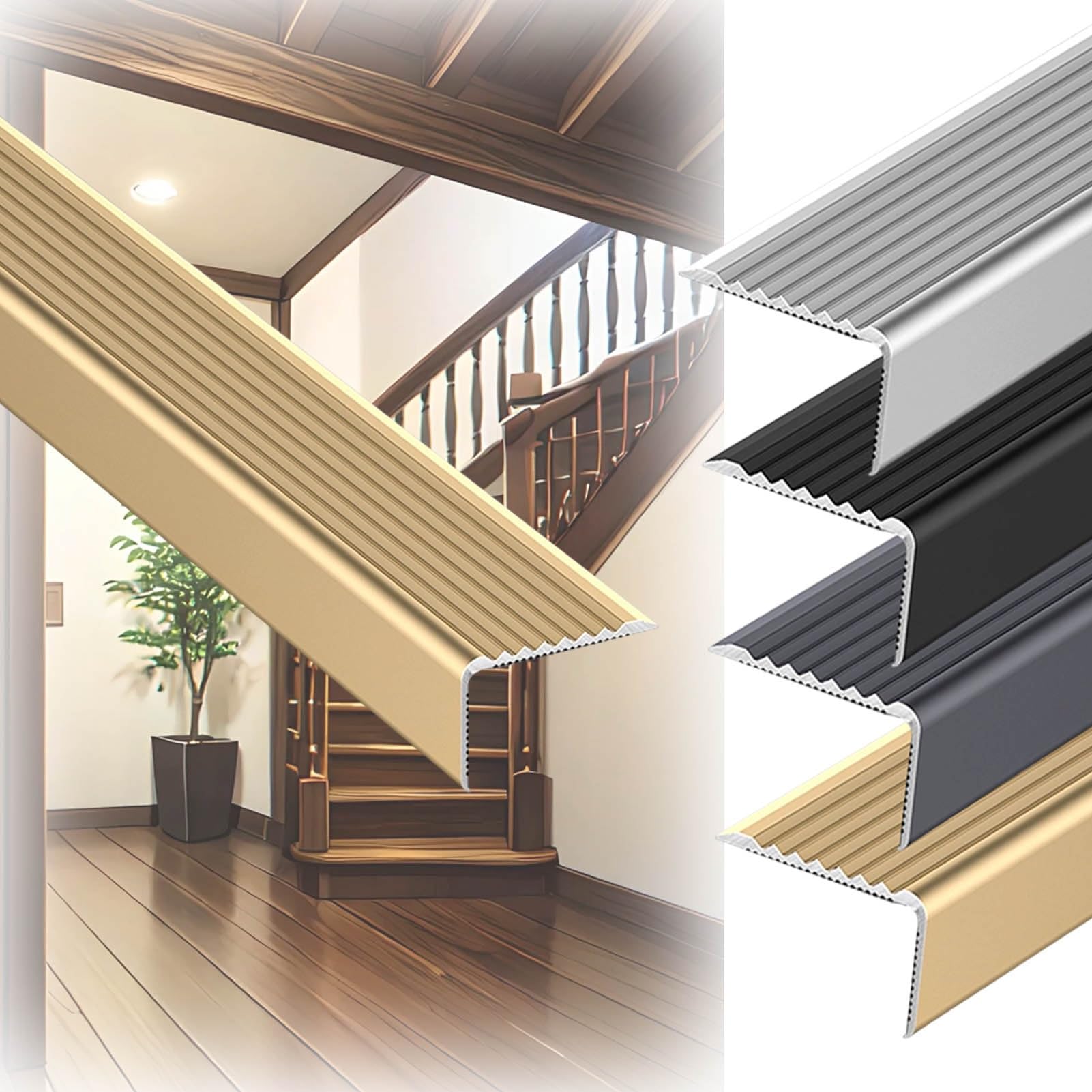 Tira de Borde de Escalera Antideslizante para Interiores 110/120cm, Moldura de Borde de Escalón en Forma de L de Aluminio para Exteriores(Gold,150cm/59in)