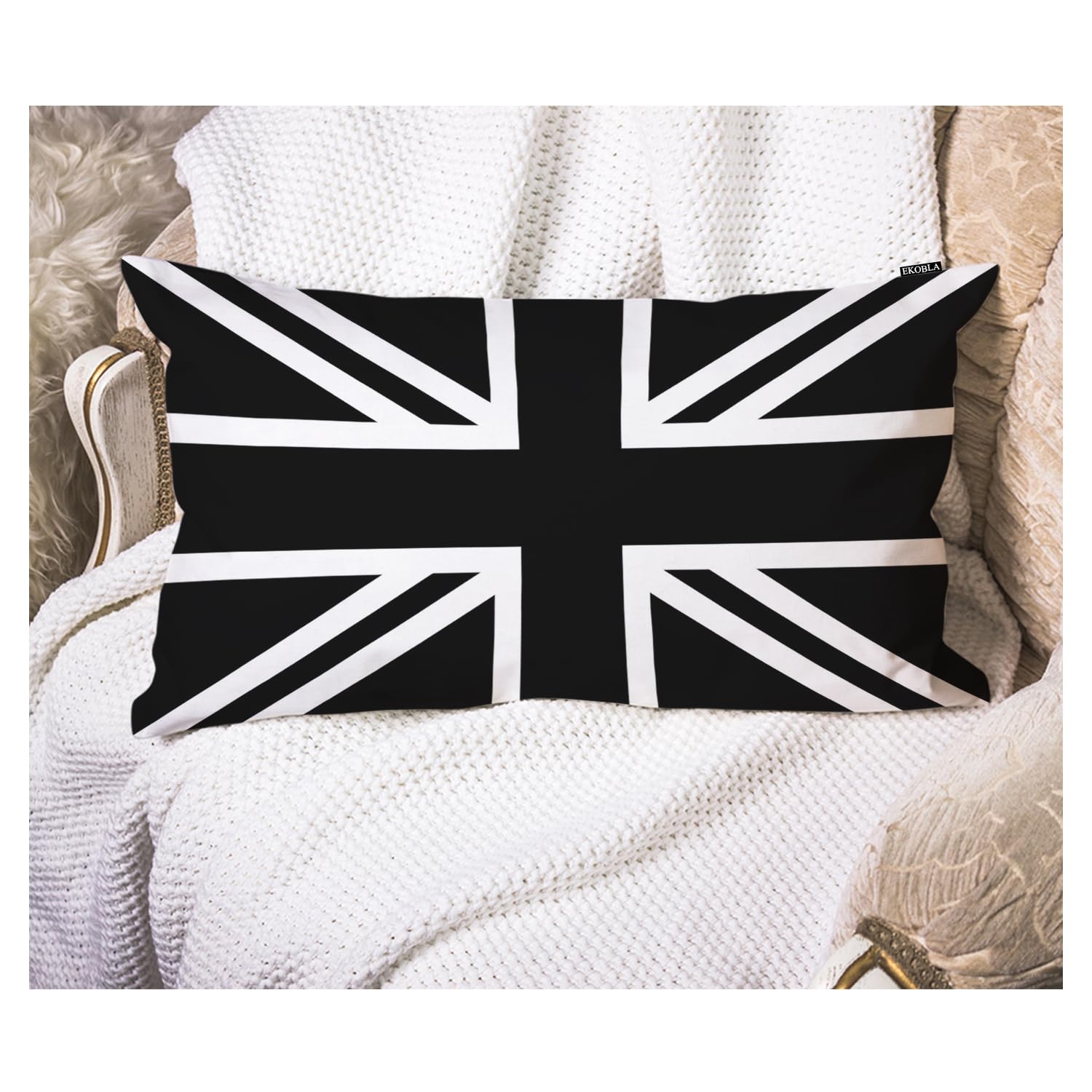 Ekobla Uk Flag Pillow Cases Union Jack Black White United Kingdom National Banner Linen Lumber Decorative Throw Cushion Cover Pillowcases For Bed Sofa Oblong Rectangle 12X20 Inches