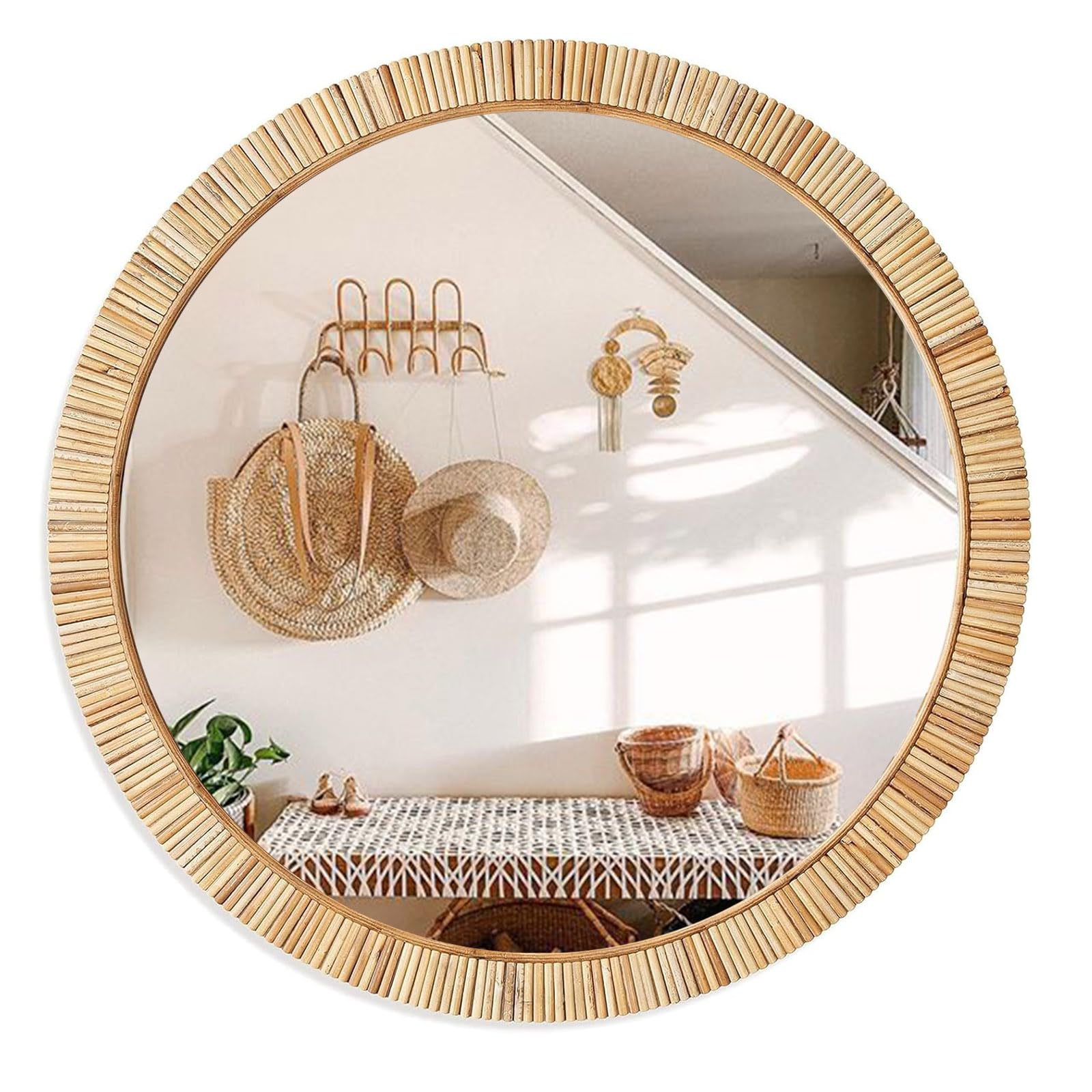 inoseen Decorative Rattan Wall Mirror, Boho Bathroom Modern Makeup Mirror, Rustic Wall Bohemia Mirrors for Bedroom, Living Room, Vanity Versatile Farmhouse, Nursery, Bathroom, 24"x24", Round Product Image 1