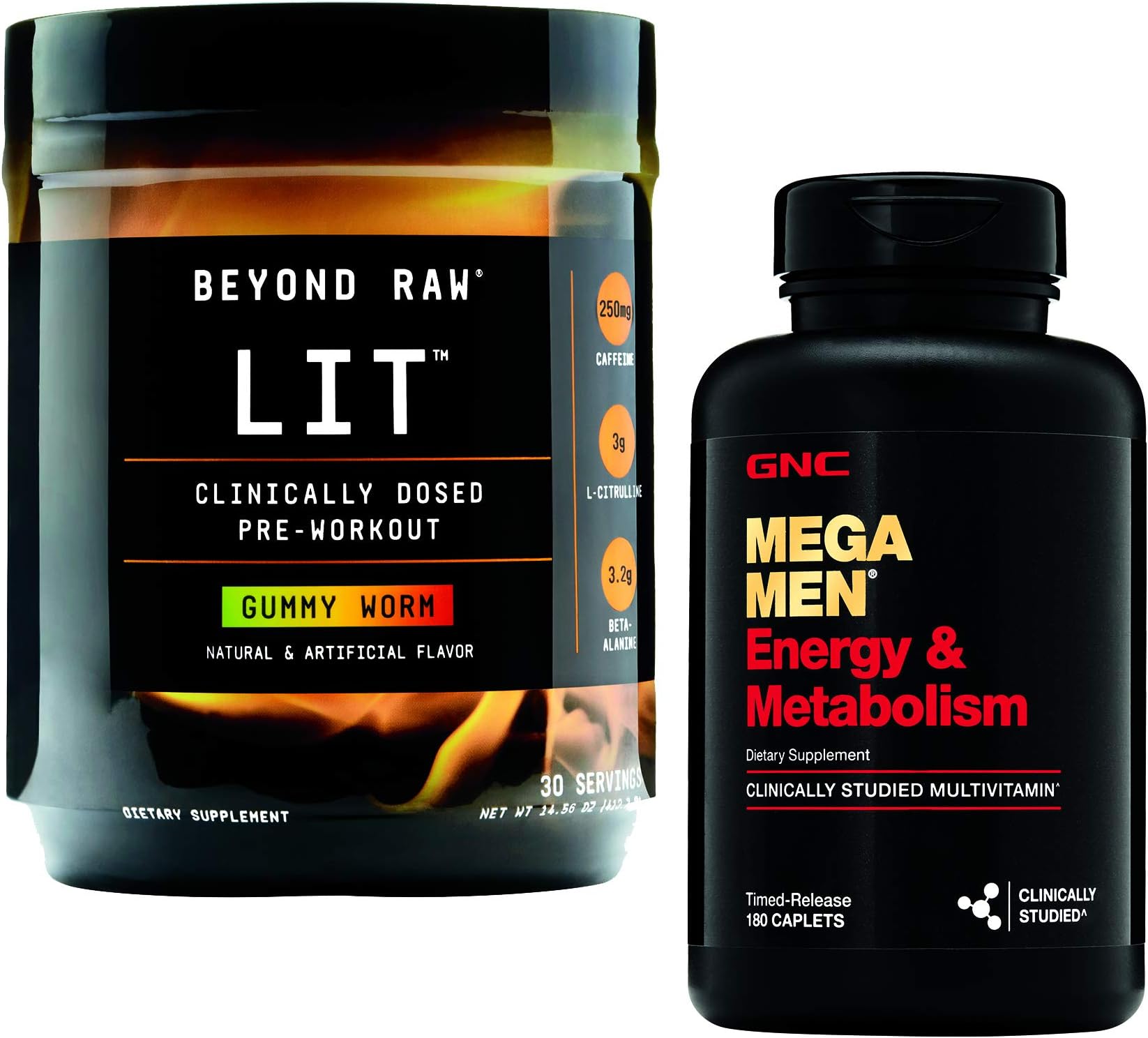 GNC Men's Energy Workout Bundle - Beyond Raw LIT Gummy Worm and Mega Men Energy and Metabolism