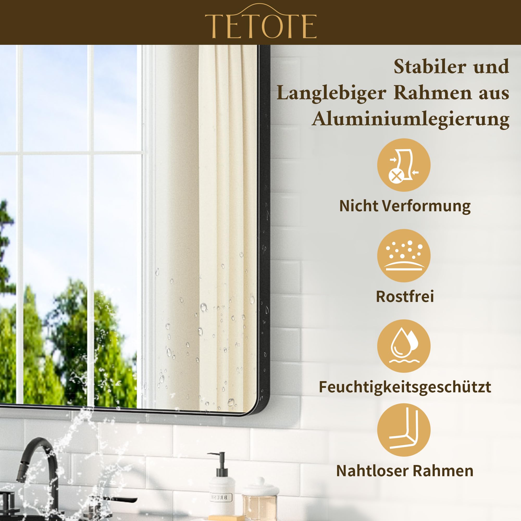 TETOTE 50x75cm Wandspiegel Schwarz Ohne Beleuchtung, Rechteckig Badspiegel mit Runder Ecke, Metallrahmen Badezimmer Spiegel für Waschbecken, Gehärtetes Glas Dekorative Spiegel