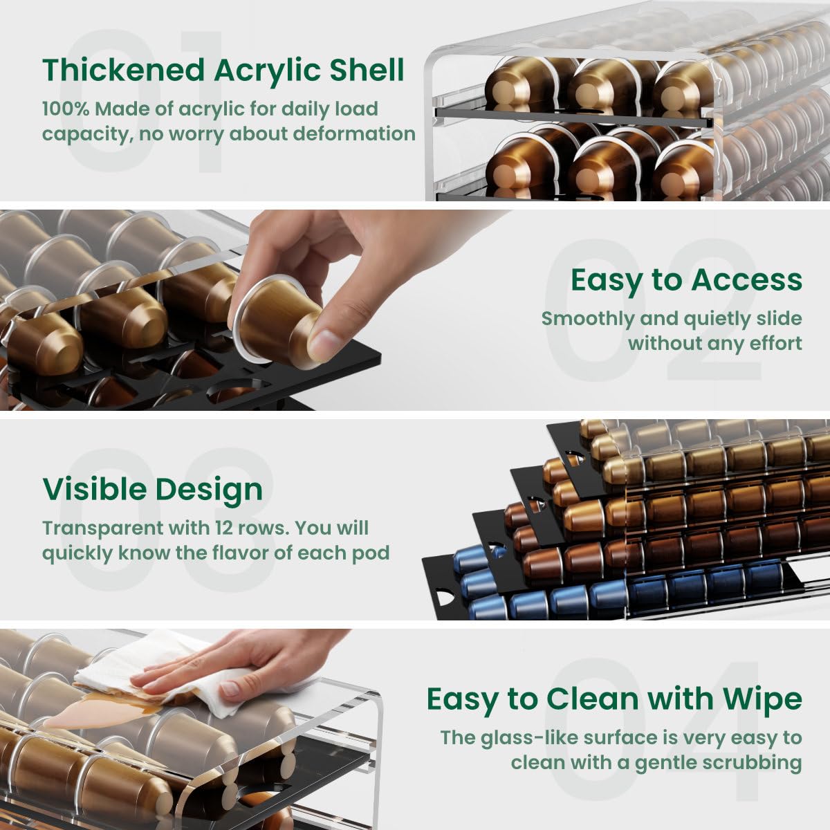 Cajón acrílico para cápsulas originales de Nespresso, organizador de 4 niveles y 96 cápsulas de capacidad para encimera, cafetería, hogar, oficina, cocina