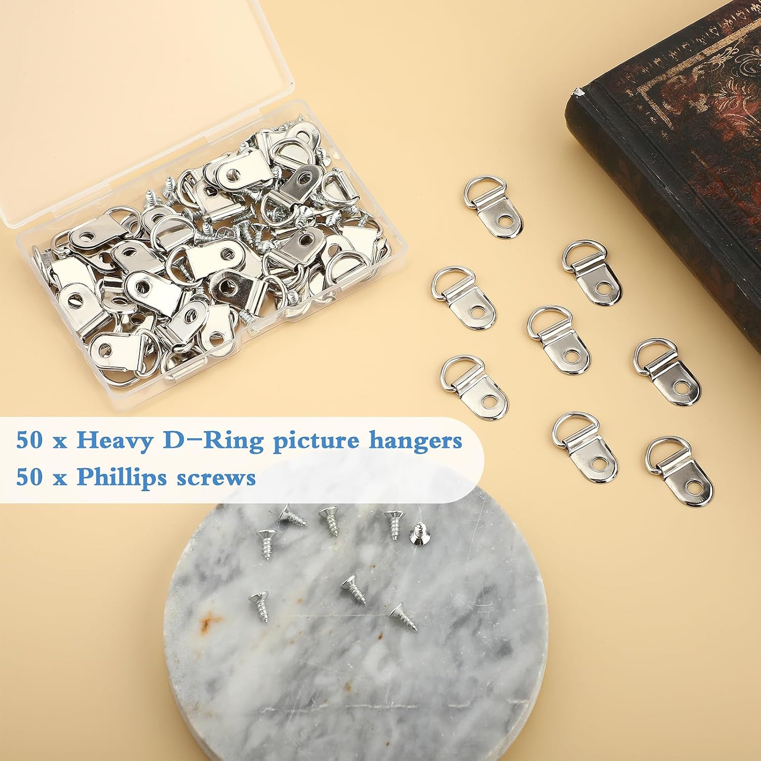 Generic 50pcs D Ring Picture Hangers with Screws, Heavy Duty Silver Iron Picture Hanging Hardware, Bulk D Rings, Single Hole Picture Frame Hanger, Picture Hooks for Mirror,Clock,Decoration,Artwork