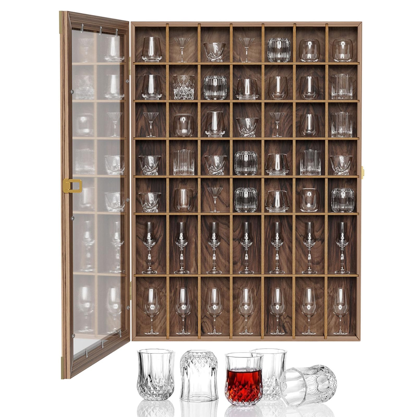 Espositore per bicchierini da liquore con ripiano rimovibile da parete, con serratura con protezione UV, porta occhiali in acrilico, vetrina in legno