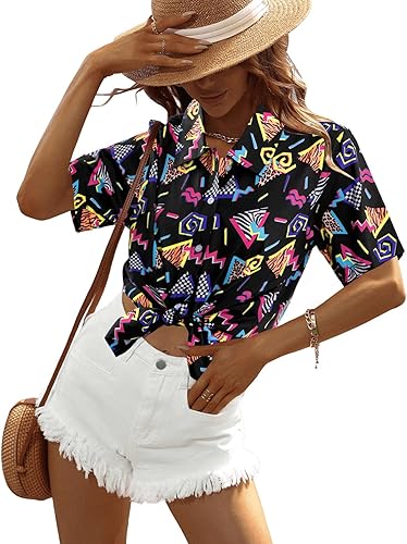 Miniatura 4 de Trajes de los años 80 y 90 para mujer, camisa de discoteca retro para fiesta temática de los años 80, camisa hawaiana de neón con botones y manga