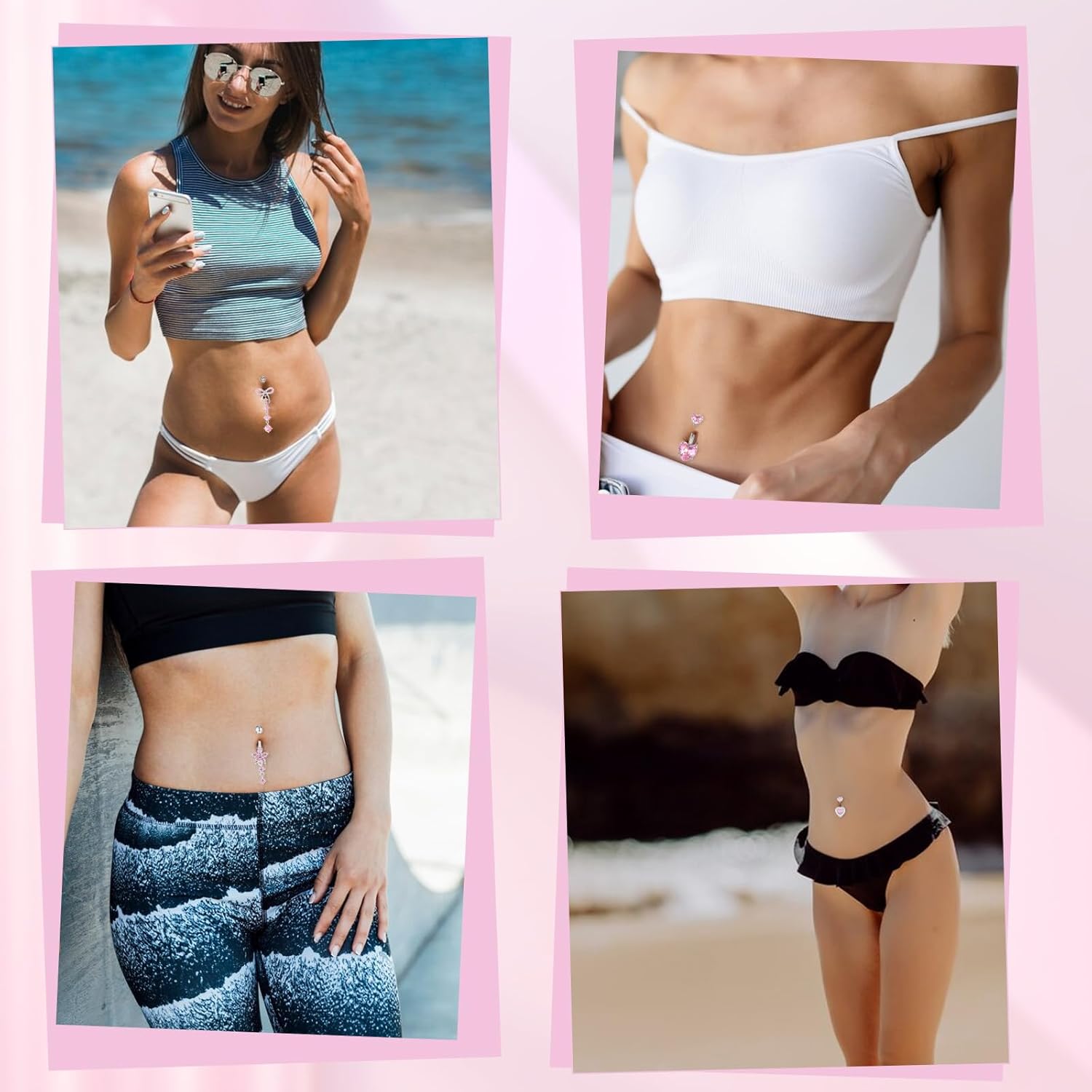 5Pcs Belly Button Rings, Pink Belly Button Piercing, Cute Dainty Dangle Belly Button Rings Heart Butterfly Bow Flower Belly Rings for Women - Image 5