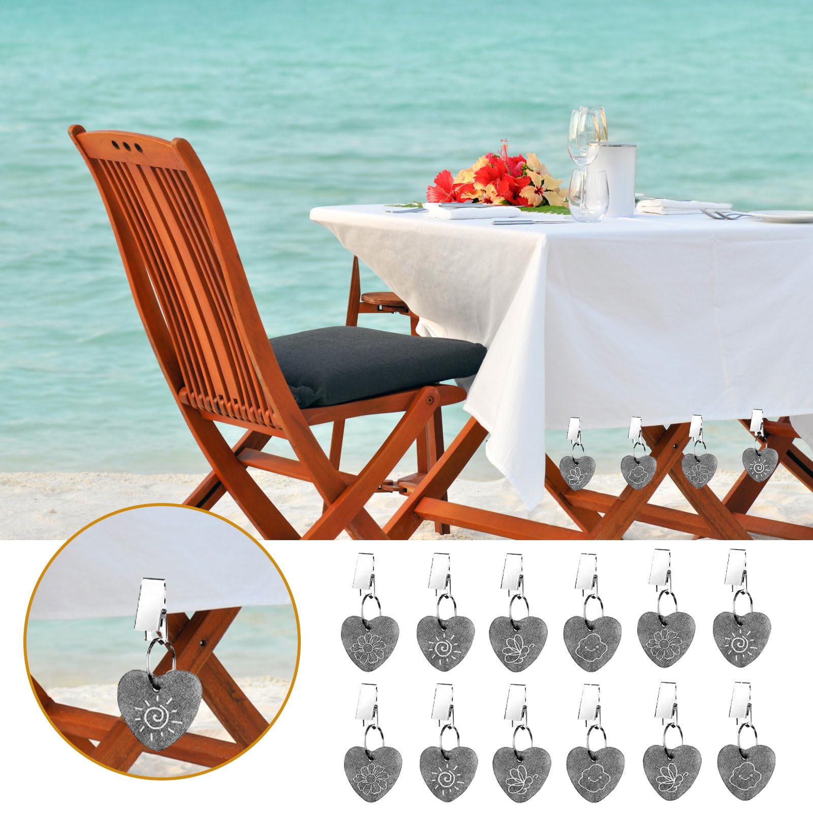 BlyeMichdi 12 Pcs Tablecloth Weights,Stone Table Cover Weights,Tablecloth Weights Clips Curtains Flag Weights Decorative Heart Shape,Table Cloth Pendants Clips for Outdoor Picnic Family Dinner Table