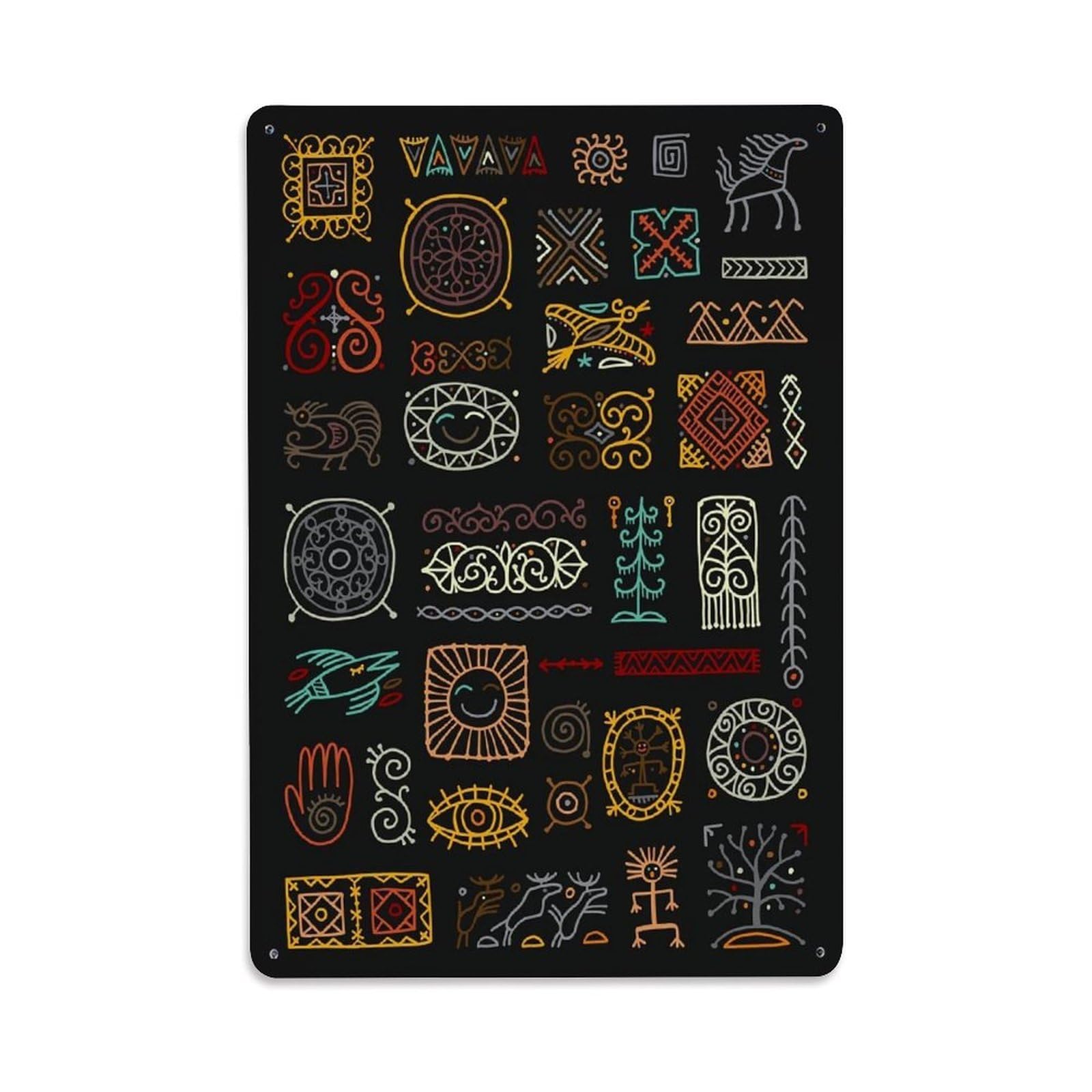 Pattern Viking Folk Nordic Symbol Geometric Tribal Culture Metal Tin Sign Plaque Wall Decor for Cafe, Man Cave, Club Bar, Office, Home Garden Round Metal Poster 8x12Inch