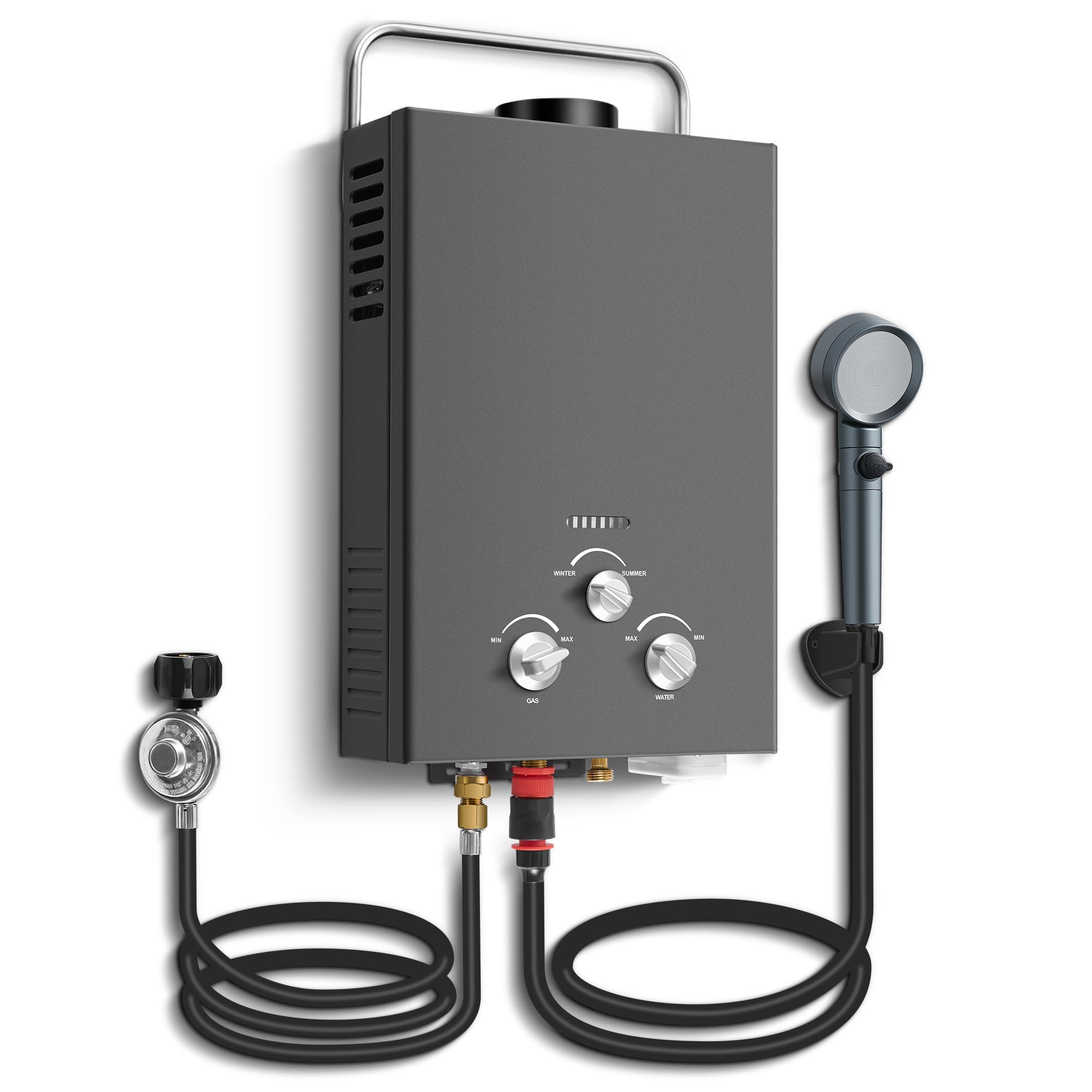 Outdoor Tankless Propane Water Heater 1.58GPM 6L Portable Gas Water Heater with Handle & Overheating Protection, Instant Hot Water for Camping RV Cabin Boat Barn - Black