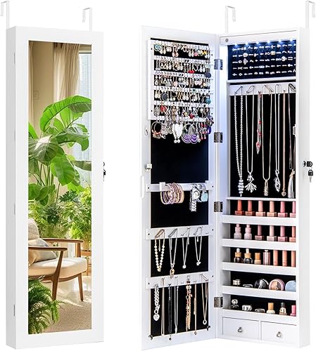 CHARMAID Armario de joyería montado en la pared con espejo de longitud completa de 47 pulgadas, armario de joyería con cerradura con 6 luces LED