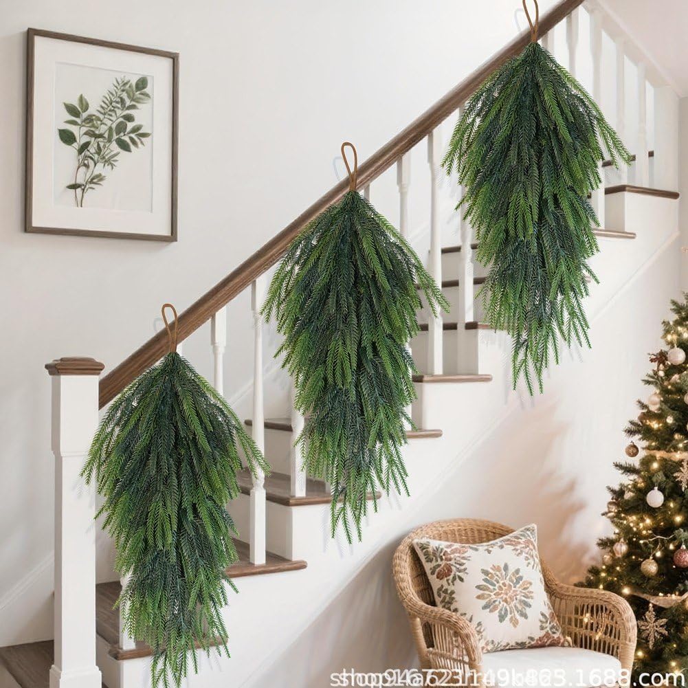 2 Pcs Artificial Christmas Teardrop Swag, Pine Needles Teardrop Door Swag, Christmas Greenery Hanging Plants Wreath Decor for Xmas Holiday
