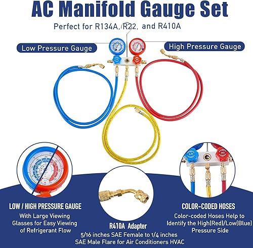 Miniatura 3 de BACOENG Juego de bomba de vacío de CA de 3.6CFM y medidor – Kit de bomba de vacío mini split doméstico para refrigerantes R410A – con adaptador mini