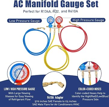 BACOENG 3.6CFM AC Vacuum Pump and Gauge Set - HVAC Vacuum Pump Kit for Mini Split System for R410A R22 Refrigerants - w/ R410a Mini Split Adapters & 3x5FT Hoses