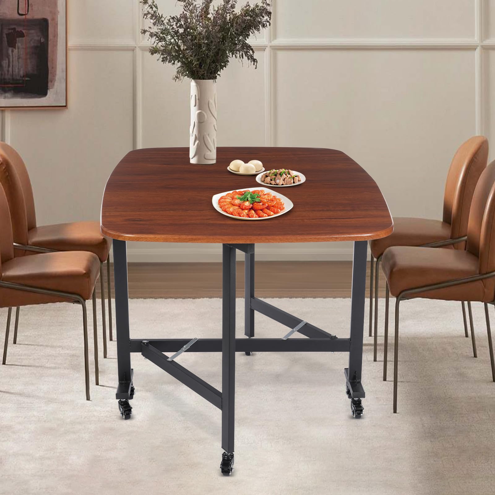 MINRS Tavolo da pranzo pieghevole da cucina, pieghevole con ruote, in legno, per studio, camera da letto, casa, marrone vintage