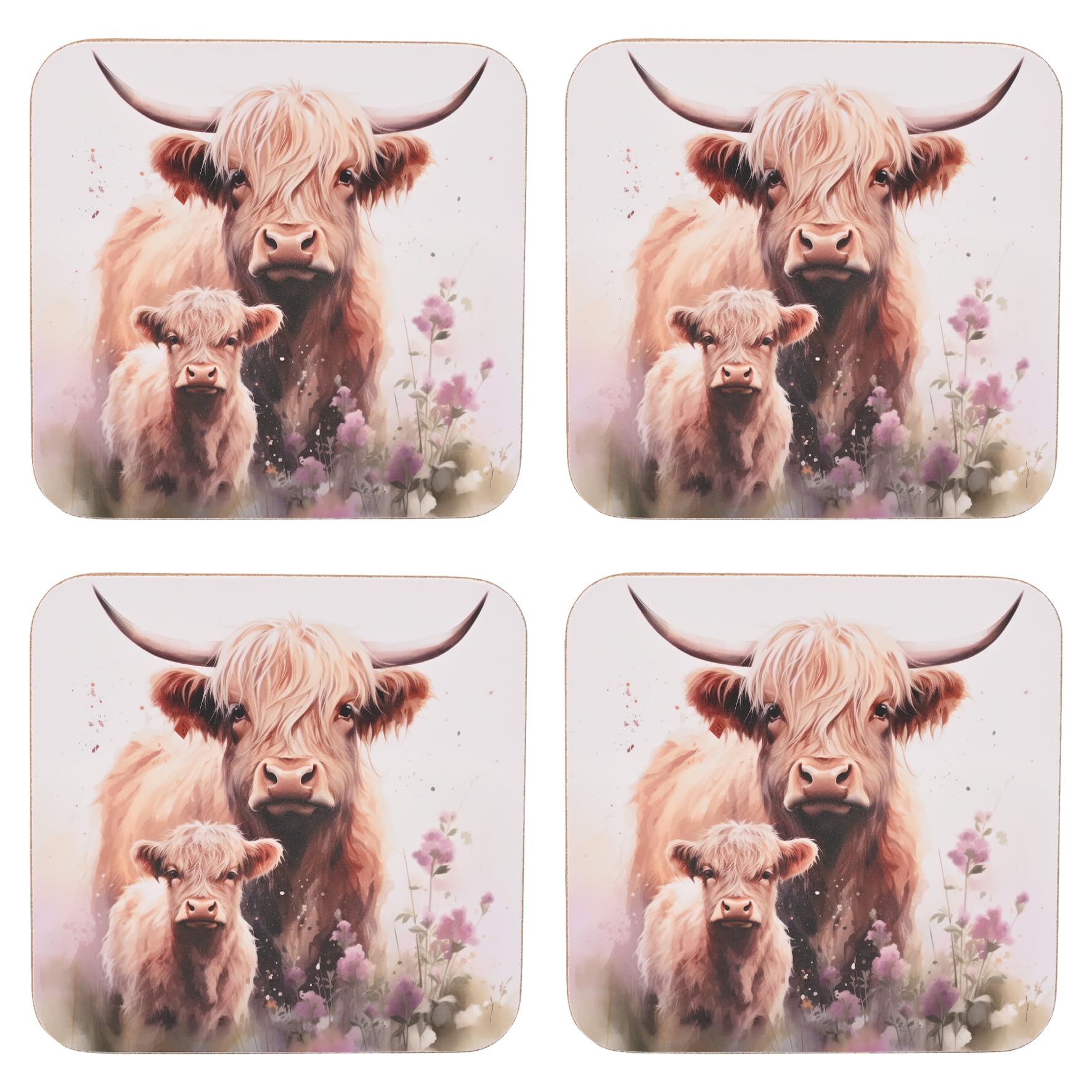 Country Living Highland Cow and Calf Set of 4 Coasters – Rustic Countryside Farmhouse Table Protectors, Nature-Inspired Drink Mats for Kitchen, Dining & Living Room