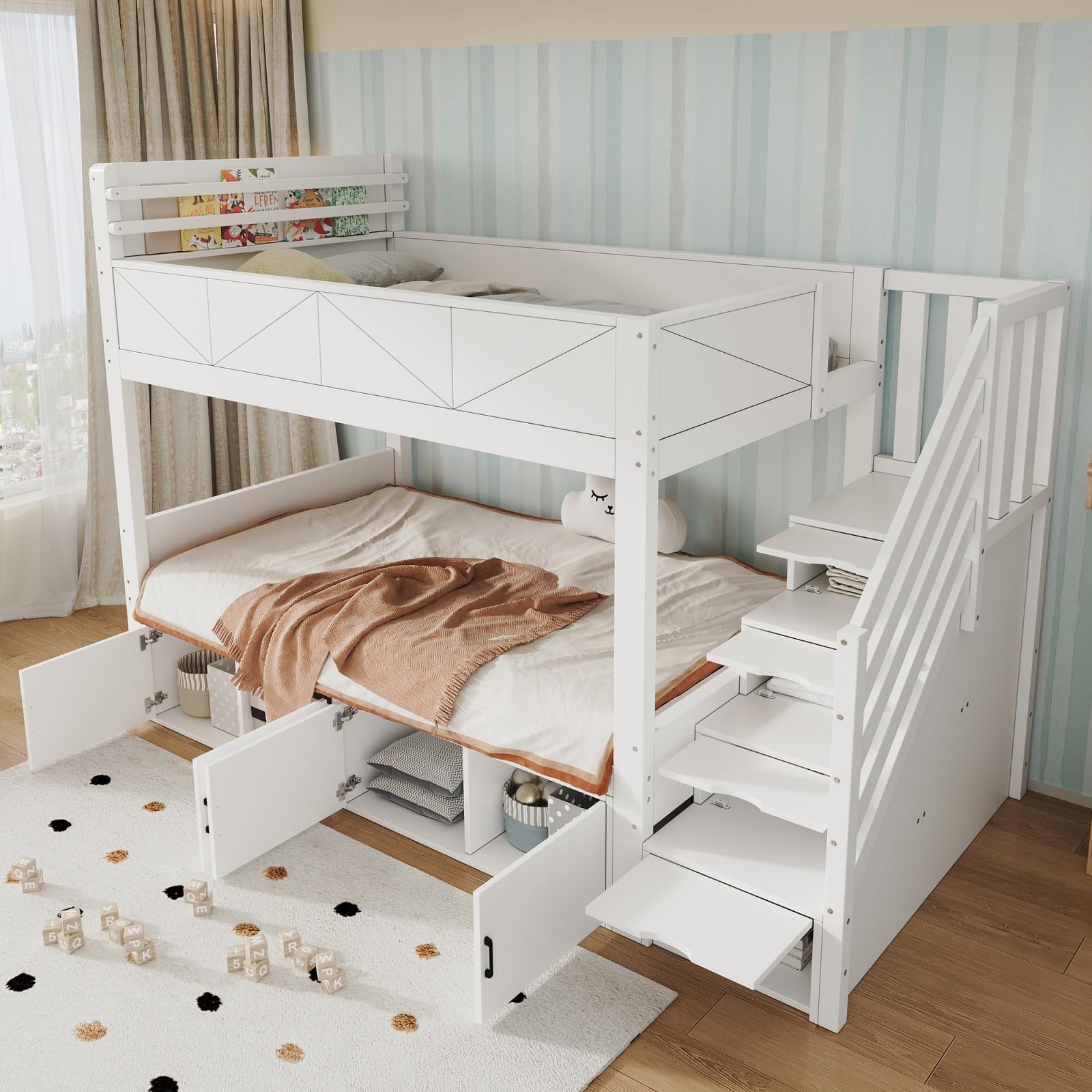 Sweiko Lit Superposé Enfant 90x200cm avec 4 Armoires, Escalier de Rangement