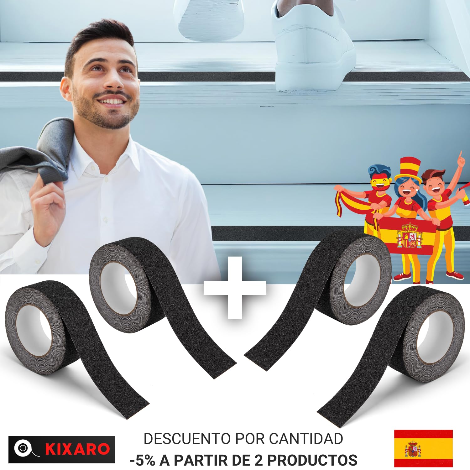 Cinta Antideslizante Escaleras Piscina Bañera Suelo 10m x 5cm Cinta Antideslizante Adhesiva Negro x2 Rollos Tiras Antideslizantes Exterior Interior ✯GARANTÍA VIDA✯ Antideslizante Escalera Anti Slip
