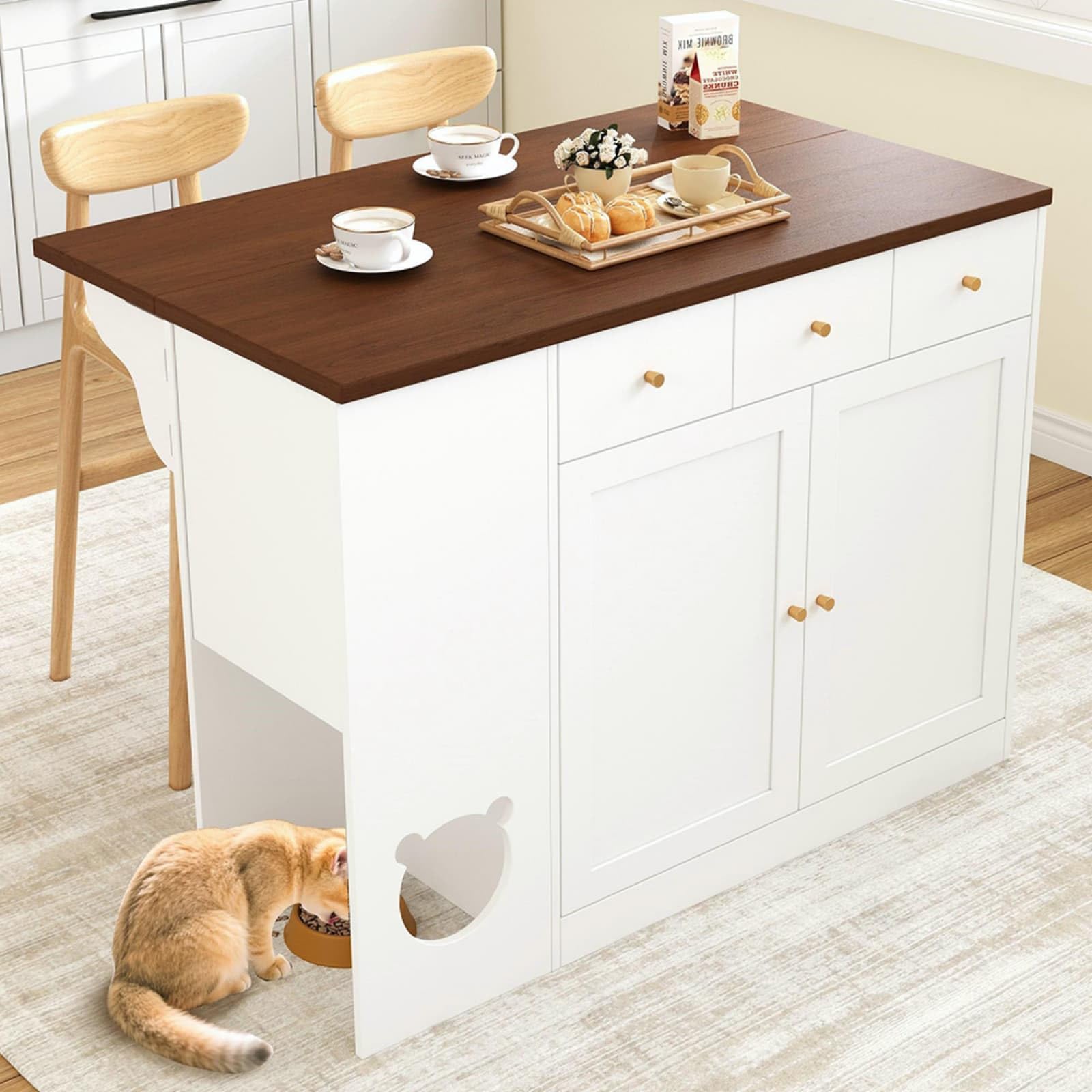 PUGSDRLY Îlot de Cuisine 120x40x90cm, avec Plan de Travail Escamotable, 3 Tiroirs, 2 Portes, Meuble Bar avec Rangement Épices et Espace Repas Intégré, pour Cuisine ou Salon (White + Deep Walnut)