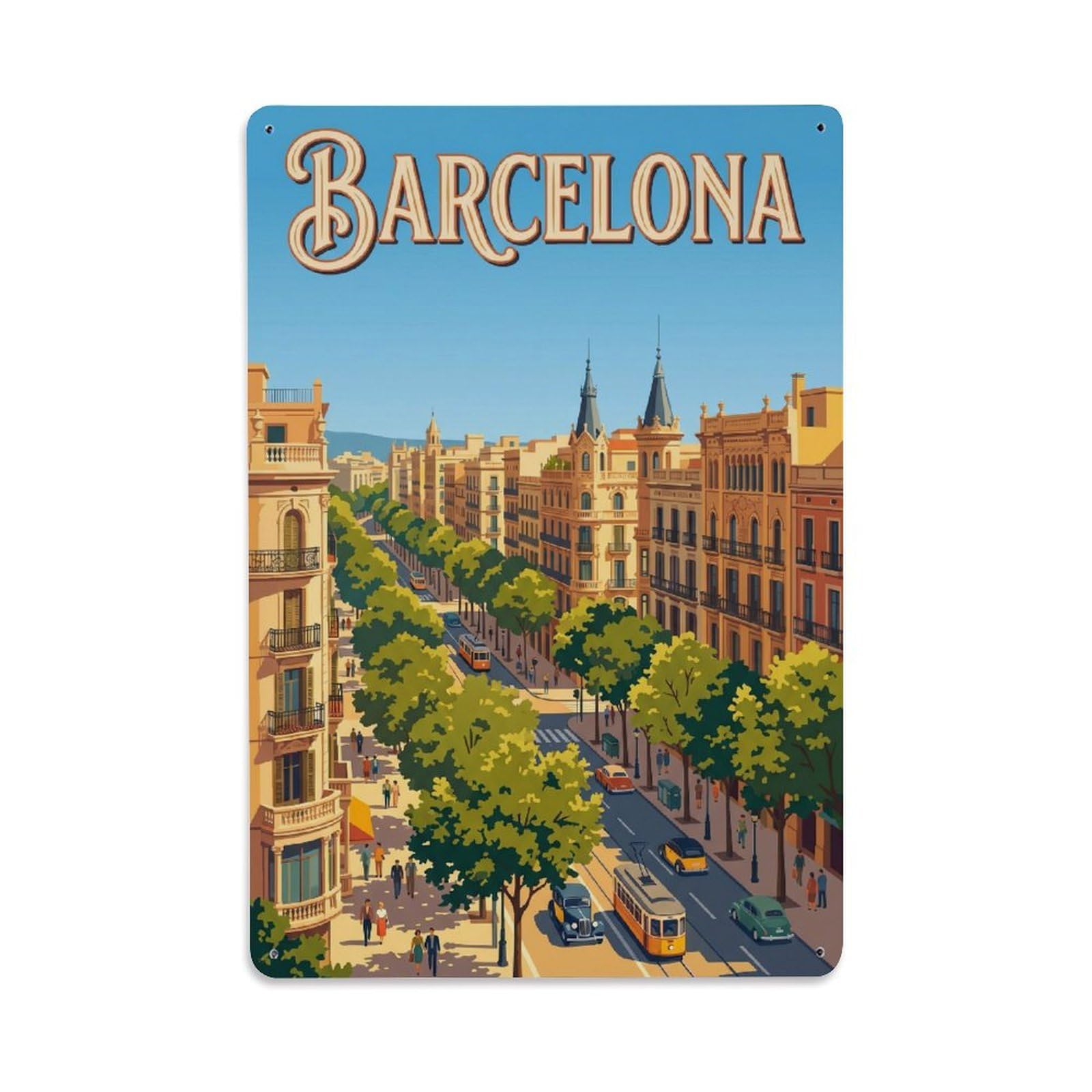 Vintage Travel Boulevard Spain Tree-lined Metal Tin Sign