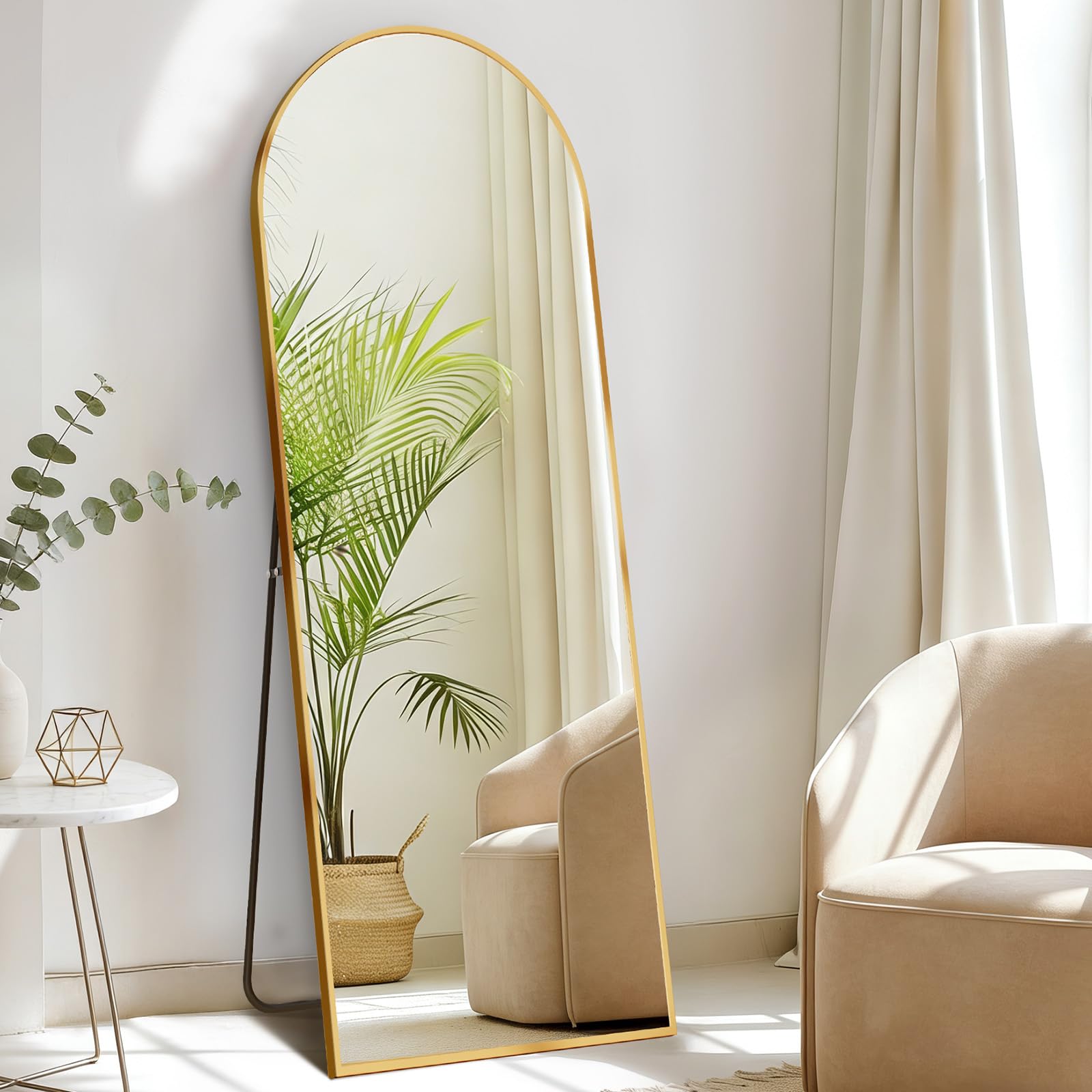 DUMOS 56"x15" Arched Full Length Floor Mirror, Full Body Mirror | Free Standing or Wall Mount, Nano Glass Aluminum Frame, Hanging or Leaning, Modern Simple Home Decor, Gold