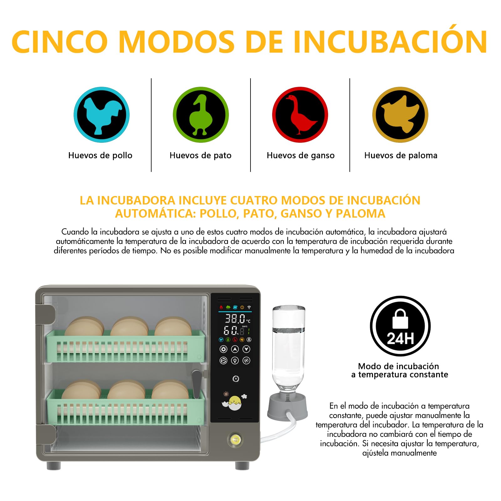 Incubadora Huevos Gallina, Incubadora de 18-24 Huevos, Incubadora Automática con Volteo Automático de Huevos y Añadir Agua Automáticamente