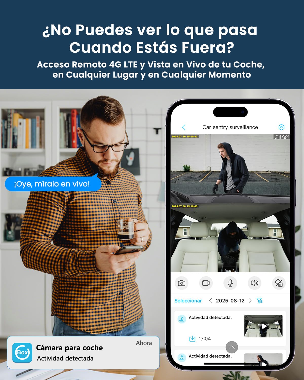4G LTE Dashcam con SIM, Camara Vigilancia Coche Antivandalismo con GPS Tracker, Modo Parking 24/7, Alertas Movimiento IA, Acceso Remoto & Audio Bidireccional, SD/Cloud, Antirrobo para Flotas y Familia