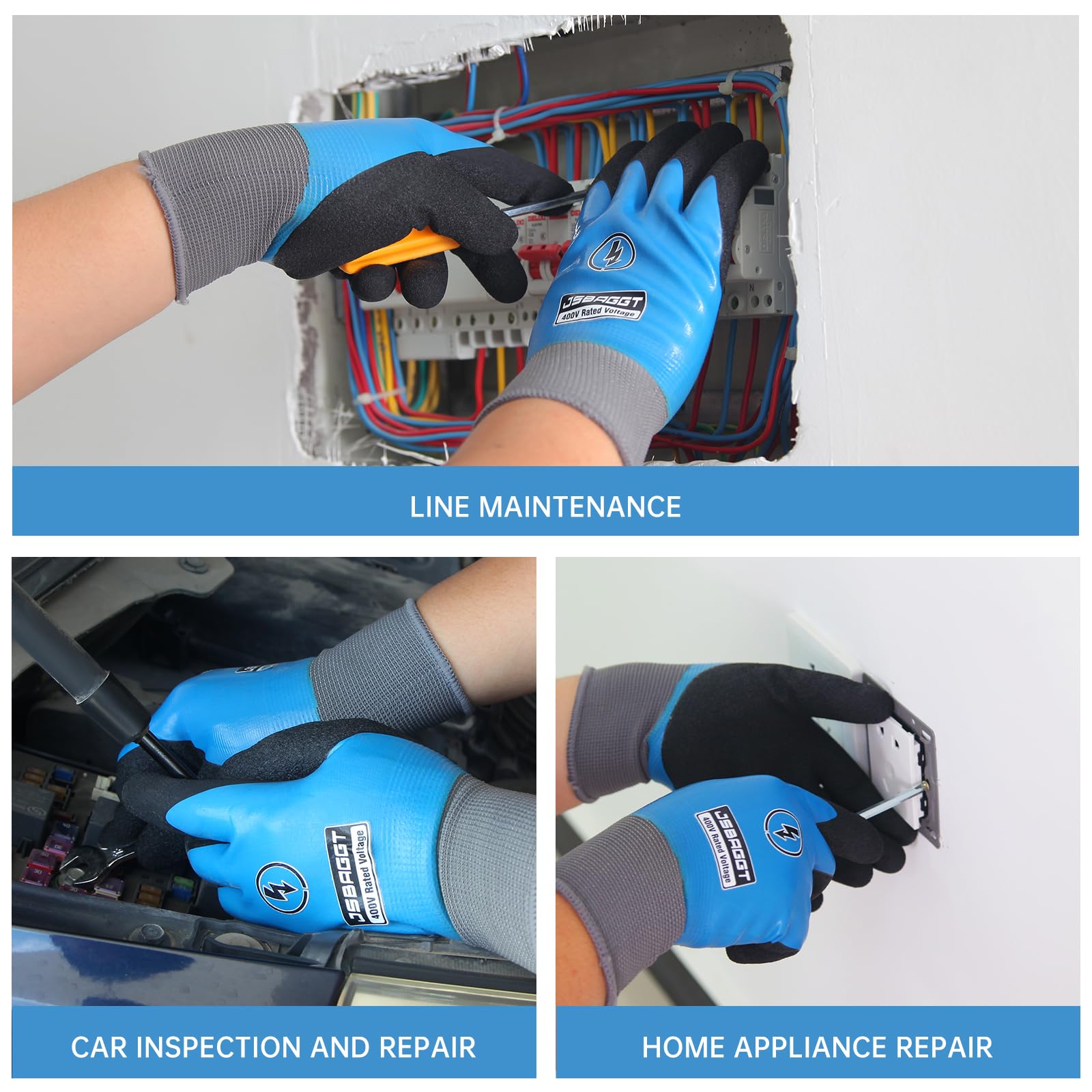 Guantes aislados para electricista de 400 V, resistentes a alto voltaje, ignífugos, totalmente impermeables y microespuma, agarre antideslizante mejorado para trabajo eléctrico (azul, 1