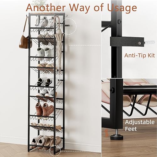 Miniatura 9 de Zapatero vertical giratorio de 10 niveles, organizador de almacenamiento de zapatos alto de madera con ganchos, estante estrecho de metal resistente