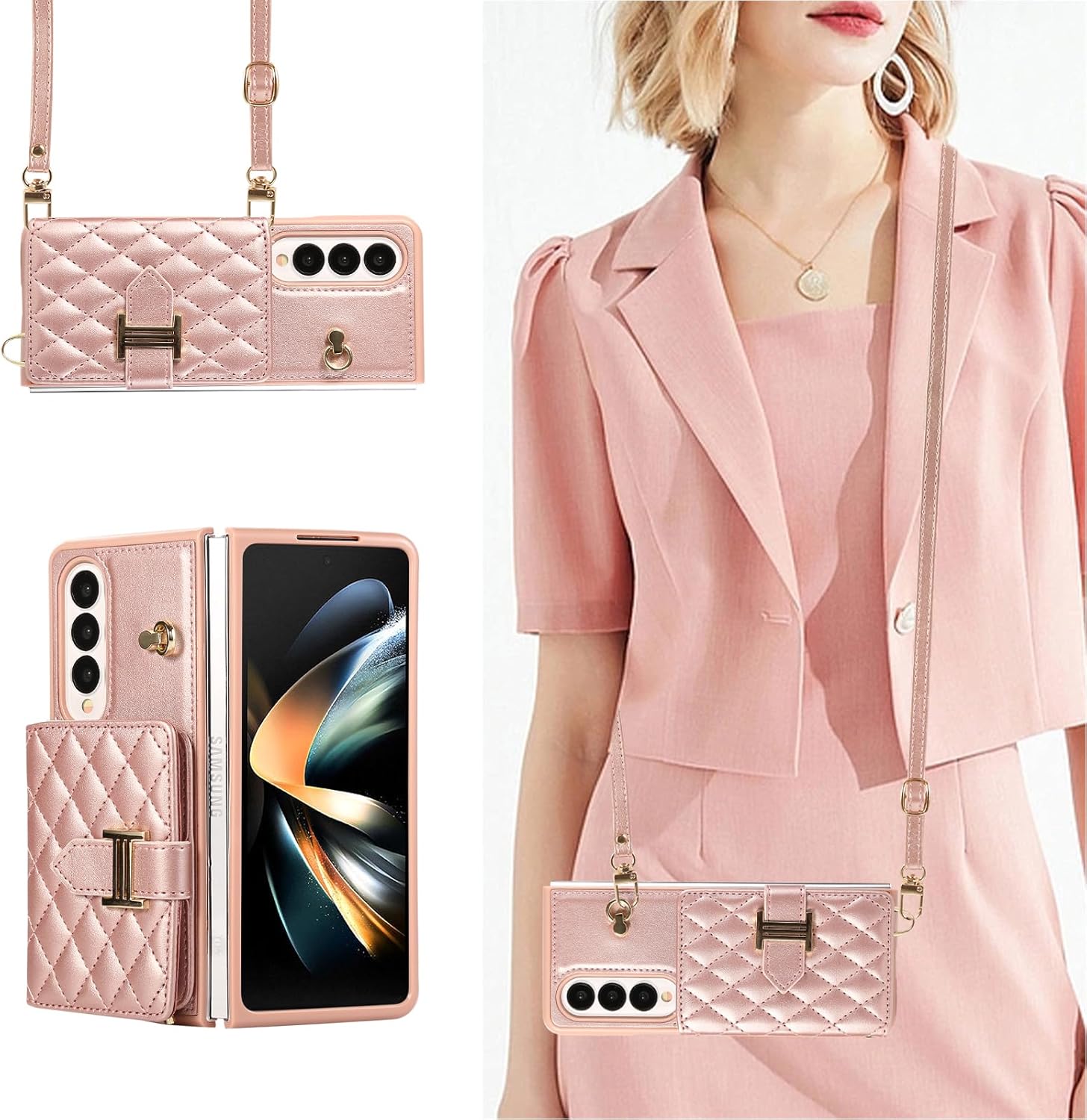 for Samsung Galaxy Z Fold 4 Wallet Case with 2 Card Slots,Shockproof and Skin-Like Soft Leather,Stylish and Luxurious Perfect for Women.(Rosegold)
