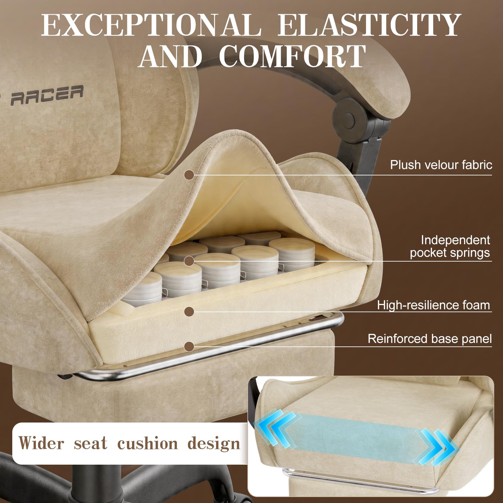 Verdego Silla Gaming con Masaje Lumbar y Reposapiés, Silla Gamer Ergonómica, Tela de Terciopelo, Reclinable 90-125°, Altura Ajustable 10cm, Giratoria 360°, Cadeira Gaming Oficina y Juegos (Beige)